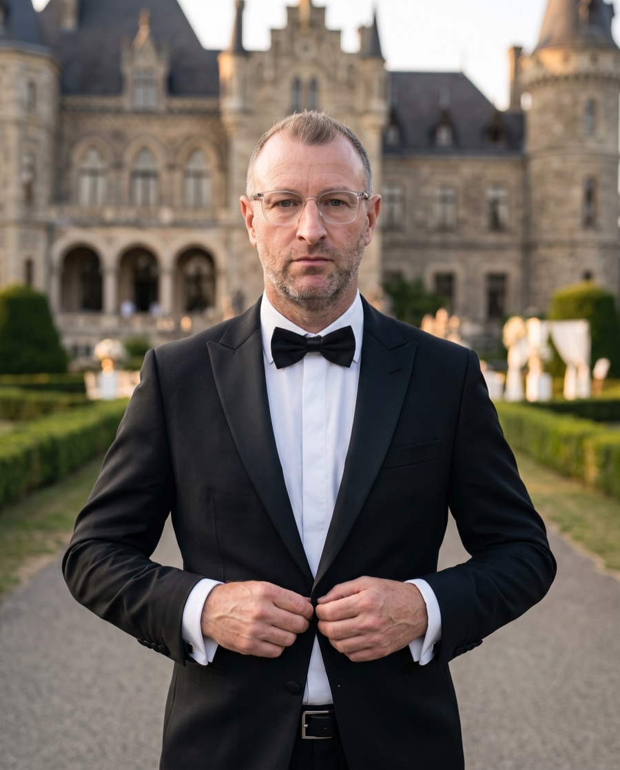 SVNtec (Sven Pocivalnik), Hochzeits-DJ aus Gelsenkirchen, im Smoking vor einer Hochzeitslocation
